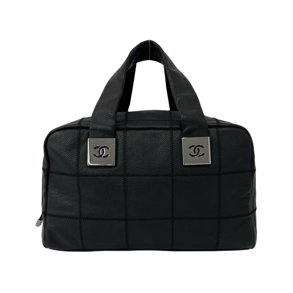 CHANEL Chocolate Bar Coco Mark Caviar Skin Handbag Mini Boston Bag Black 28769